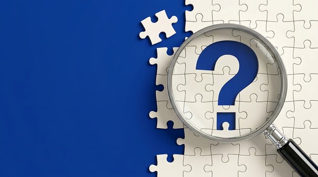 Magnifying glass laying on incomplete jigsaw puzzle highlighting blue question mark symbol on blue background representing customer support and solution concept.