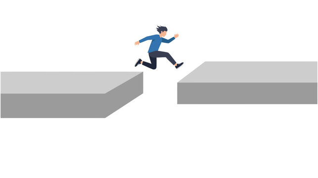 Motivated man jumping across gap between two platforms, overcoming obstacles and business challenge concept vector illustration