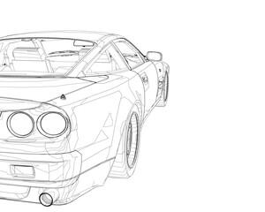 Fototapeta premium Detailed black and white sketch of a car on a clean white background. Intricate contour lines define the headlights, grille, and sporty wheels, creating a realistic.