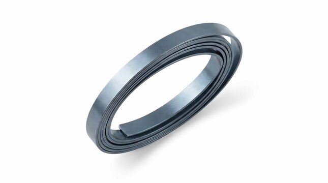 Shiny grey steel strap coiled neatly into a circular shape isolated on a plain white background for professional industrial usage