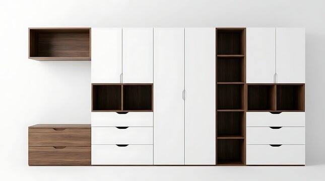 Minimalist modular wooden wardrobe system with white cabinets and drawers in clean modern interior design background for organizing clothes and home decoration.