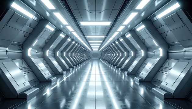 Futuristic metallic corridor with bright glowing lights.