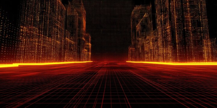 A digital, wireframe city at night, with glowing orange lines