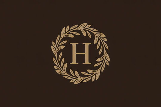 Minimalist letter h logo inside golden laurel wreath on dark brown background for luxury hotel branding and elegant corporate identity design.