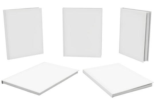 Set of five blank white books in various angles and positions for branding mockups isolated on a transparent background