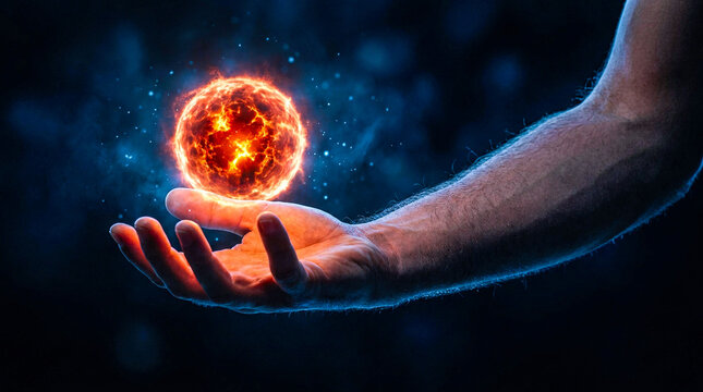 Human hand holding floating glowing fire orb of energy representing magic power and supernatural element concept in dark atmospheric environment for fantasy art.