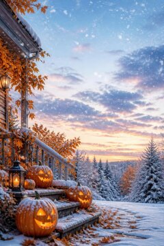 Glowing jack-o-lanterns arranged on rustic wooden steps during snowy evening with jack o lantern home exterior holiday spirit seasonal decor winter landscape glowing eyes halloween pumpkins