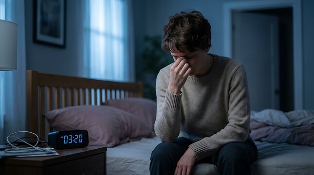Person sitting on bed at night holding forehead with eyes closed, feeling stressed and anxious with digital clock showing 3:20 AM in dimly lit bedroom.