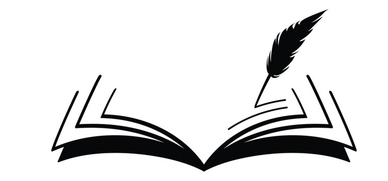 Open book,  bird feathers for a pen and ink. Light feathers silhouette. Bird feather with a slender, slightly curved shaft and sharply tapering barbs. The feather appears light, graceful, and timeless