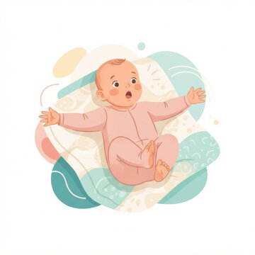 Infant lies on a soft surface showing the Moro reflex with arms extended. This moment highlights the babys growth and motor skills.