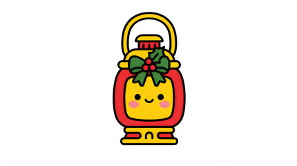 Fototapeta premium Cute cartoon lantern with holiday wreath decoration standing on a base