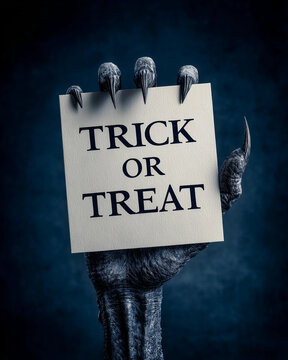 Monster's hand holding a piece of paper with 'Trick or treat' invitation against a dark background. Halloween decor concept. Fantasy illustration for poster, lettering, greeting card