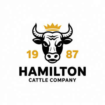 Hamilton cattle company logo with bull head wearing crown and established year 1987 for livestock farming business.