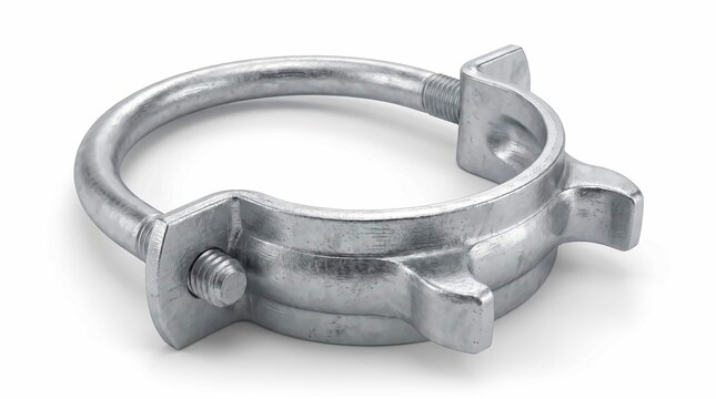 Industrial steel pipe clamp fastener shown from an elevated angle featuring a bright metallic finish on a pure white background