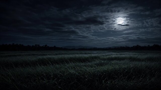 Moonlight over Moonlit Nature Landscape, Cinematic Surreal Timelapse Background with Glowing Full Moon, Dramatic Silver Cloud Layers, Windswept Grassland, Quiet Mystery, Tranquil Night Atmosphere