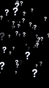 Question marks animation flying motion. Educational looped transparant background. Vertical 4K video.