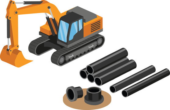 Excavator with Steel Pipes and Coupling Fittings Construction Equipment Illustration