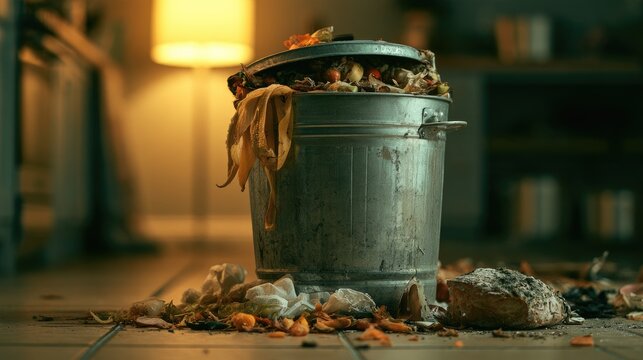 Overfilled kitchen trash can spills rotting organic waste onto tiled floor
