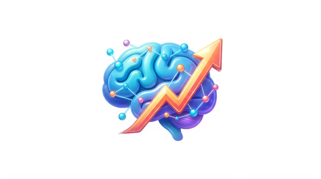 Colorful brain illustration with upward growth arrow showing intelligence or learning progress