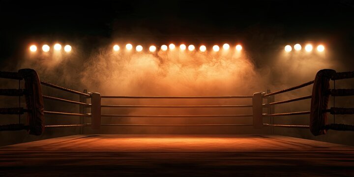Empty boxing ring under spotlights with dramatic smoke effects
