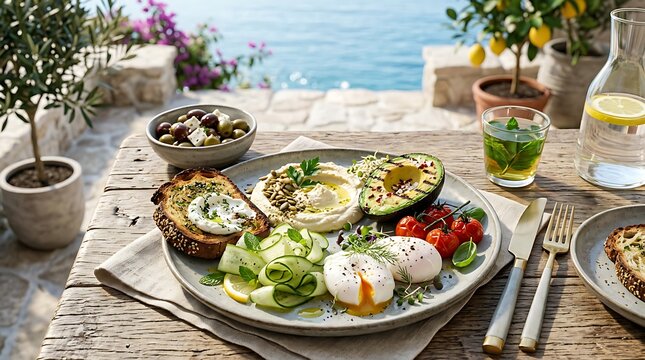 Mediterranean breakfast platter on a seaside table