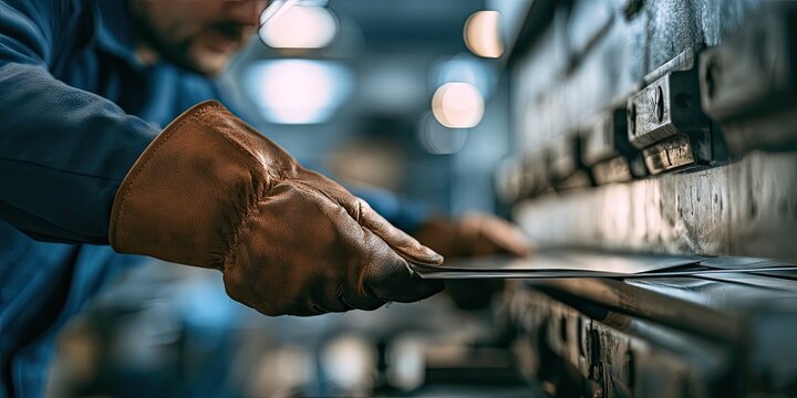Worker uses machine to bend flat metal sheet in industrial setting