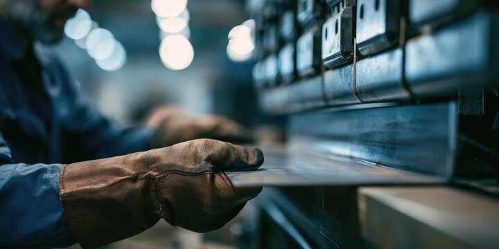 Industrial worker expertly bends metal sheet using a press brake machine