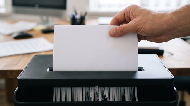 Hand feeding blank paper into an office shredder