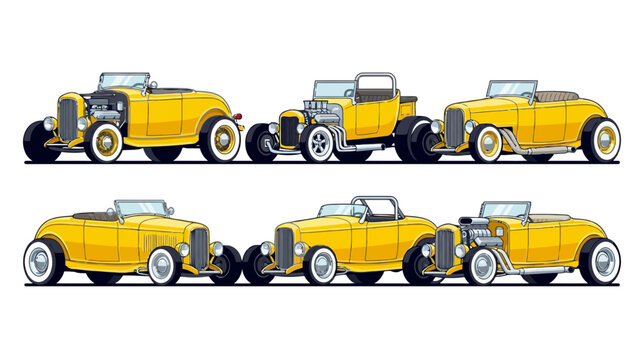 Set of five yellow hot rod cars, isolated on transparent background