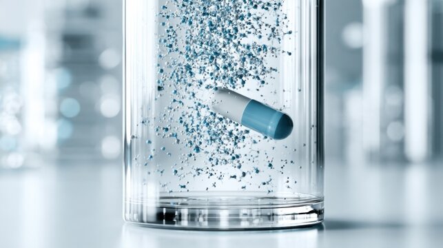 A single capsule dissolving in a glass of water, surrounded by a cloud of tiny particles. The image represents the dissolving process of medication and the absorption of medicine.