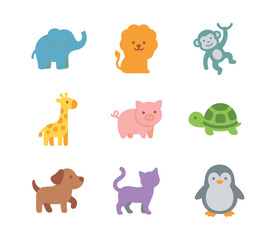 Obraz premium Cute Cartoon Animals Icon Set with Pastel Color Wild and Pet Animal Characters