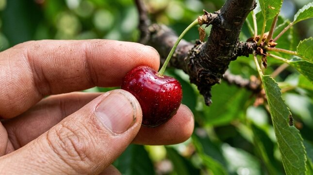 Hand Picking Fresh Red Cherry from Tree Branch