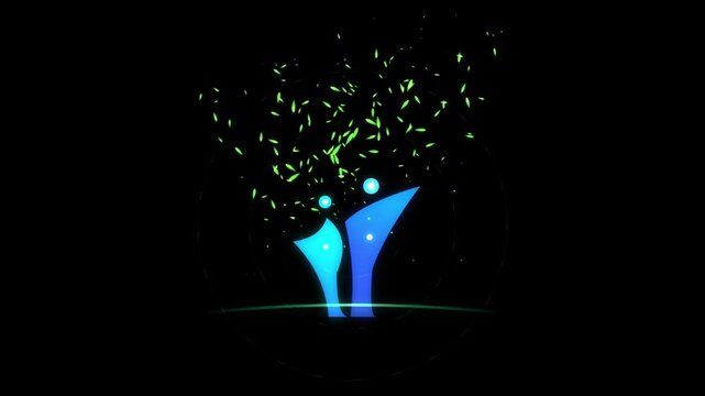 Abstract glowing people animation with floating green particles on black background, human silhouette