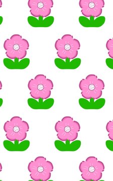 Cute seamless pattern of pink cartoon flowers with green leaves on white background. Simple kawaii floral illustration, perfect for spring, kids, nursery, fabric, wrapping paper, and girly design.