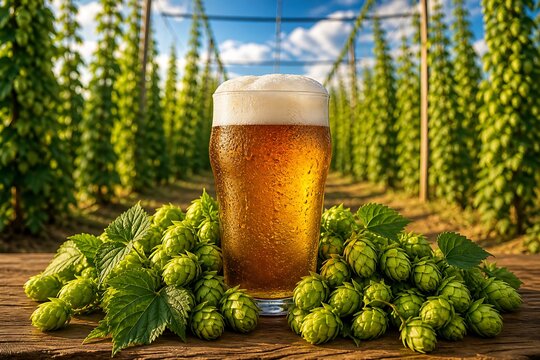 Pint of beer with hop cones on wooden table in brewery setting
