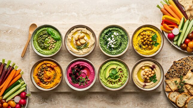 Various colorful hummus dips served with fresh vegetable crudites