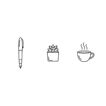 This vibrant composition showcases a pen, a succulent plant, and a steaming coffee mug, reflecting creativity, growth, and comfort in a minimalistic and modern aesthetic.