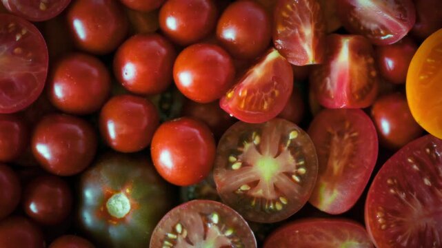Freshly sliced tomato wedges in yellow and red shades with visible seeds and glistening juice prepared as an ingredient. Close-up top view. Theme of fresh food and culinary preparation