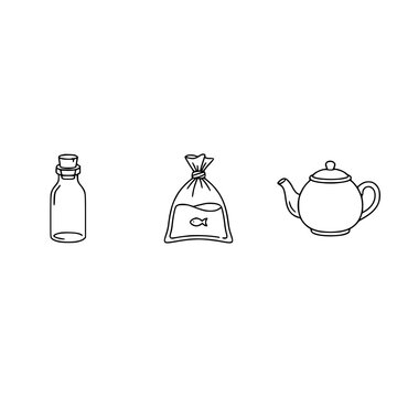 An intriguing image featuring a bottle, a fish bag, and a traditional teapot, representing the essence of curiosity, domestic tranquility, and bringing unique elements together.