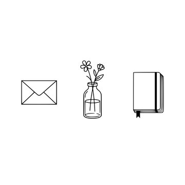 A serene composition showcasing an envelope, a flower-filled jar, and an elegant journal, representing communication, nature's beauty, and the art of reflection in daily life.