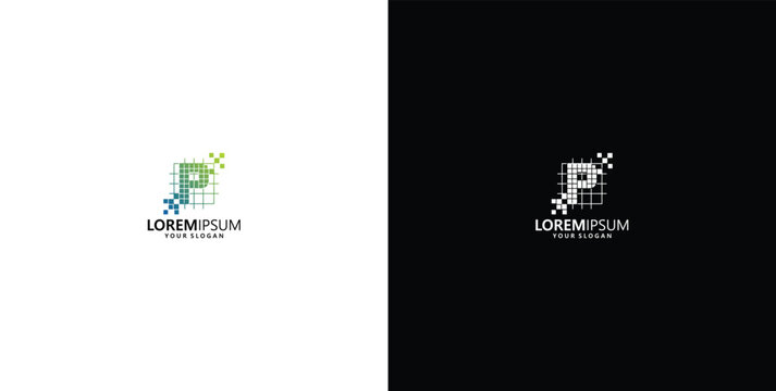 Modern digital letter P logo design with pixel art style for technology and software company branding