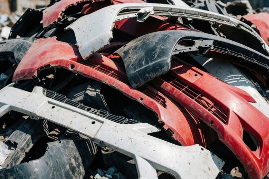 Pile of used car bumpers at scrap yard. Red white and black plastic auto parts are stacked, waiting for recycling. Old car components for reuse.