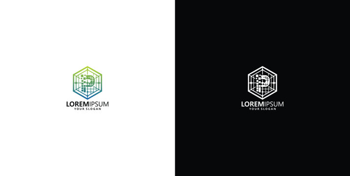 Letter P technology logo template with hexagonal network and circuit board design