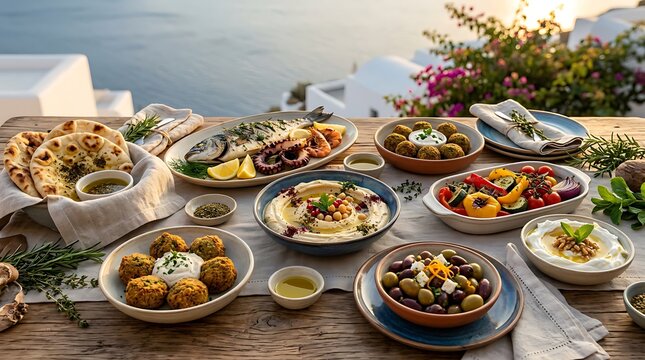 Mediterranean feast served on a wooden table with sea view