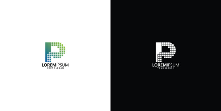 Pixel letter P corporate logo design template with green gradient and monochrome versions