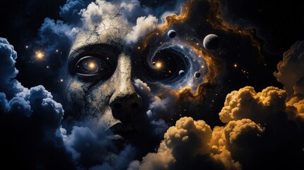 Fototapeta premium Giant stone head emerges from cosmic clouds. Swirling galaxies and planets fill its eyes. Stars and nebulae surround this surreal, existential dreamscape.