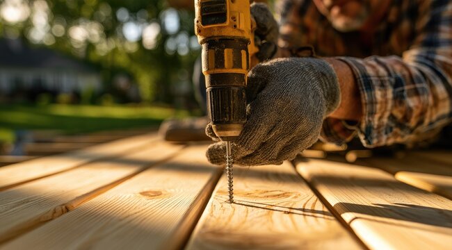 Close-up of gloved hands using a power drill to fasten a screw into wooden planks outdoors