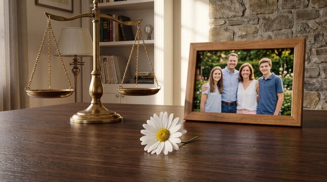 Family portrait with scales of justice in a cozy home setting