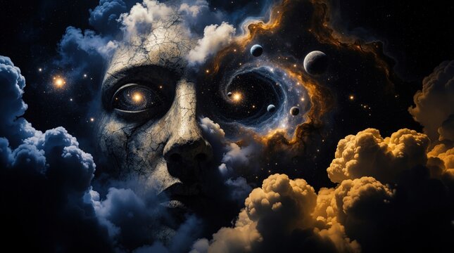Giant stone head emerges from cosmic clouds. Swirling galaxies and planets fill its eyes. Stars and nebulae surround this surreal, existential dreamscape.