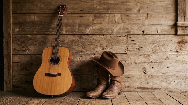 Charming rustic setting featuring acoustic guitar cowboy hat and boots